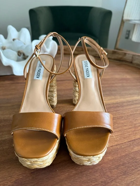 Steve Madden Cognac Braided-Platform Sandals - Picture 2 of 5